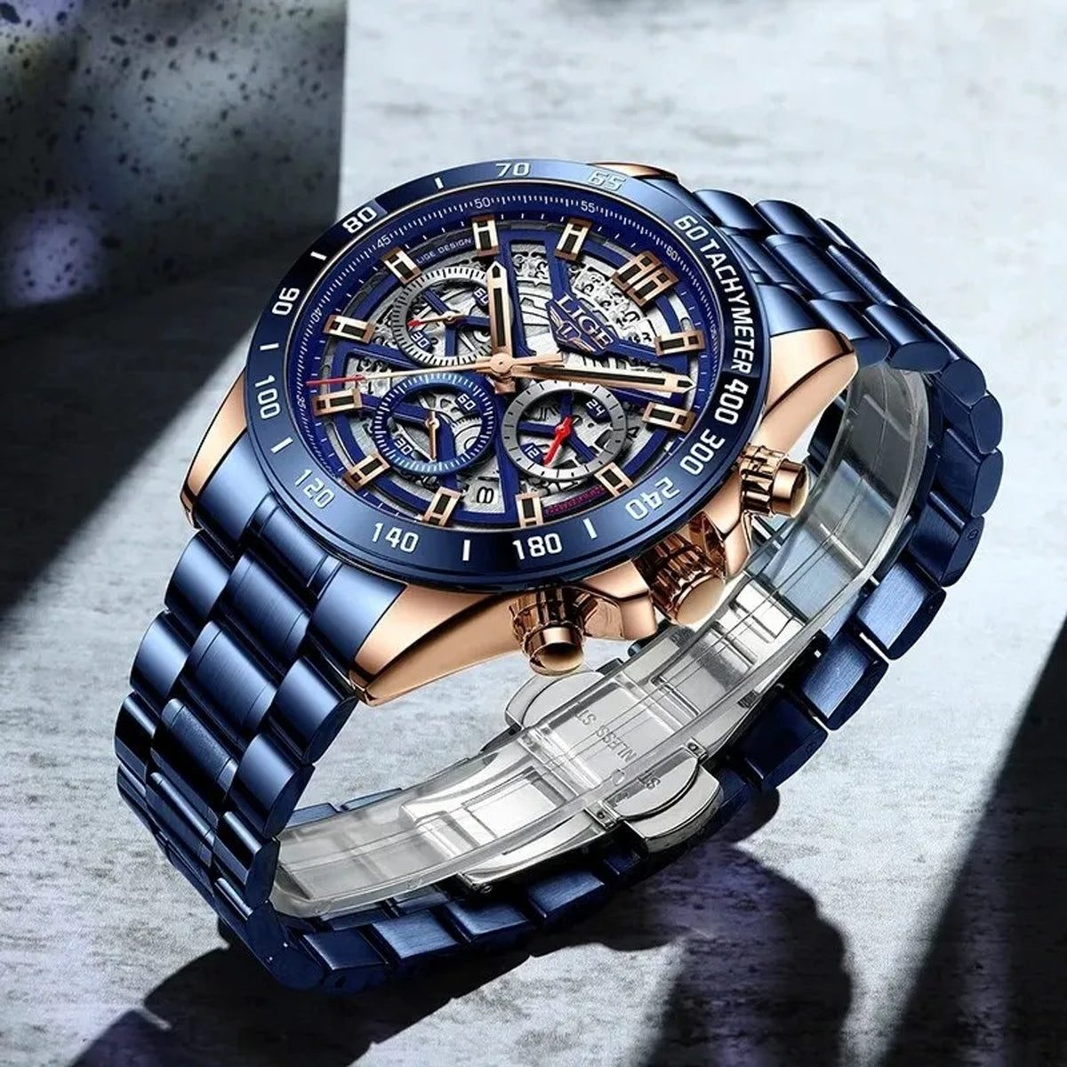 LIGE Skeleton Chronograph on the wrist